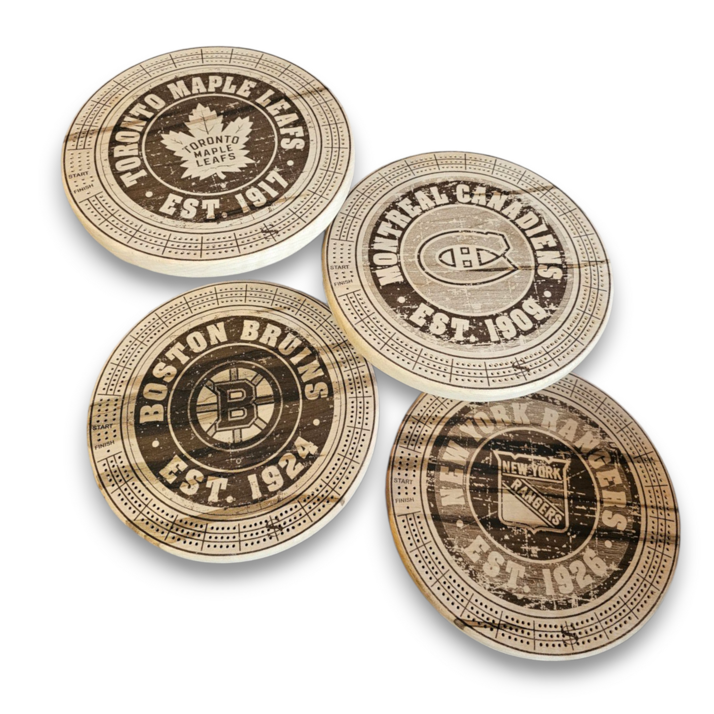 Sports Unique Round Hardwood Cribbage Boards with in board peg storage.