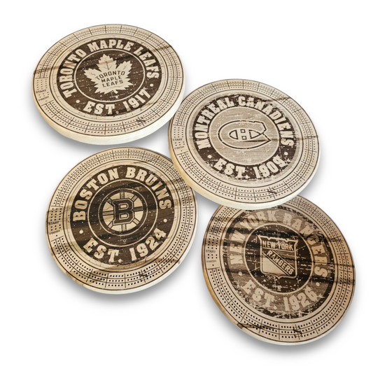 Sports Unique Round Hardwood Cribbage Boards with in board peg storage and a distressed logo.