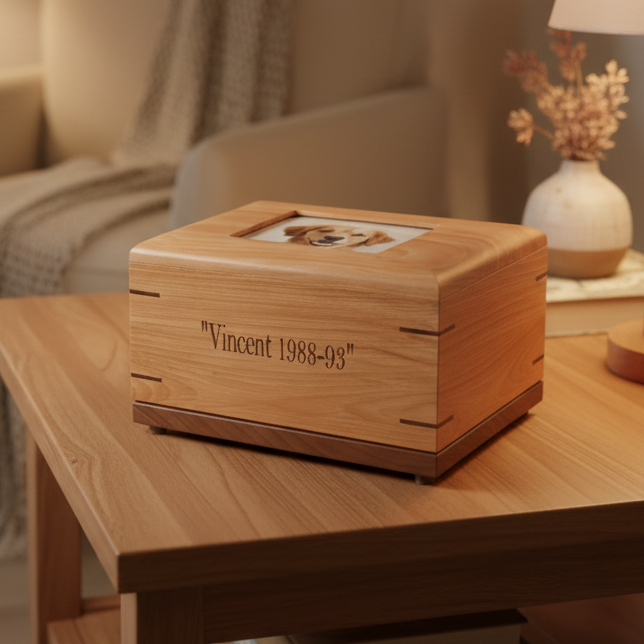Custom personalized hardwood pet urn with paw prints and photo slot for ashes memorial
