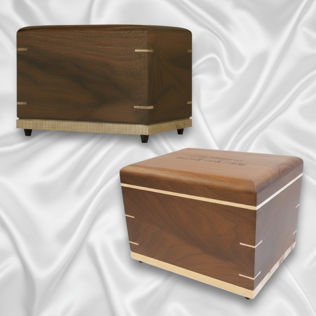 Black walnut wooden urns Twilight Grove and True North handcrafted for ashes with secure closure