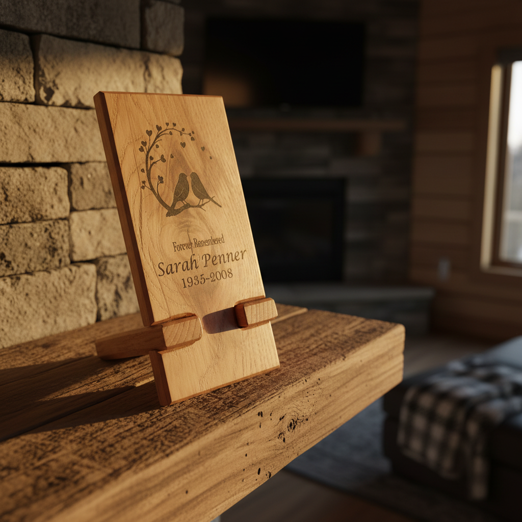 Personalized memorial plaque engraved on solid hardwood for home tribute