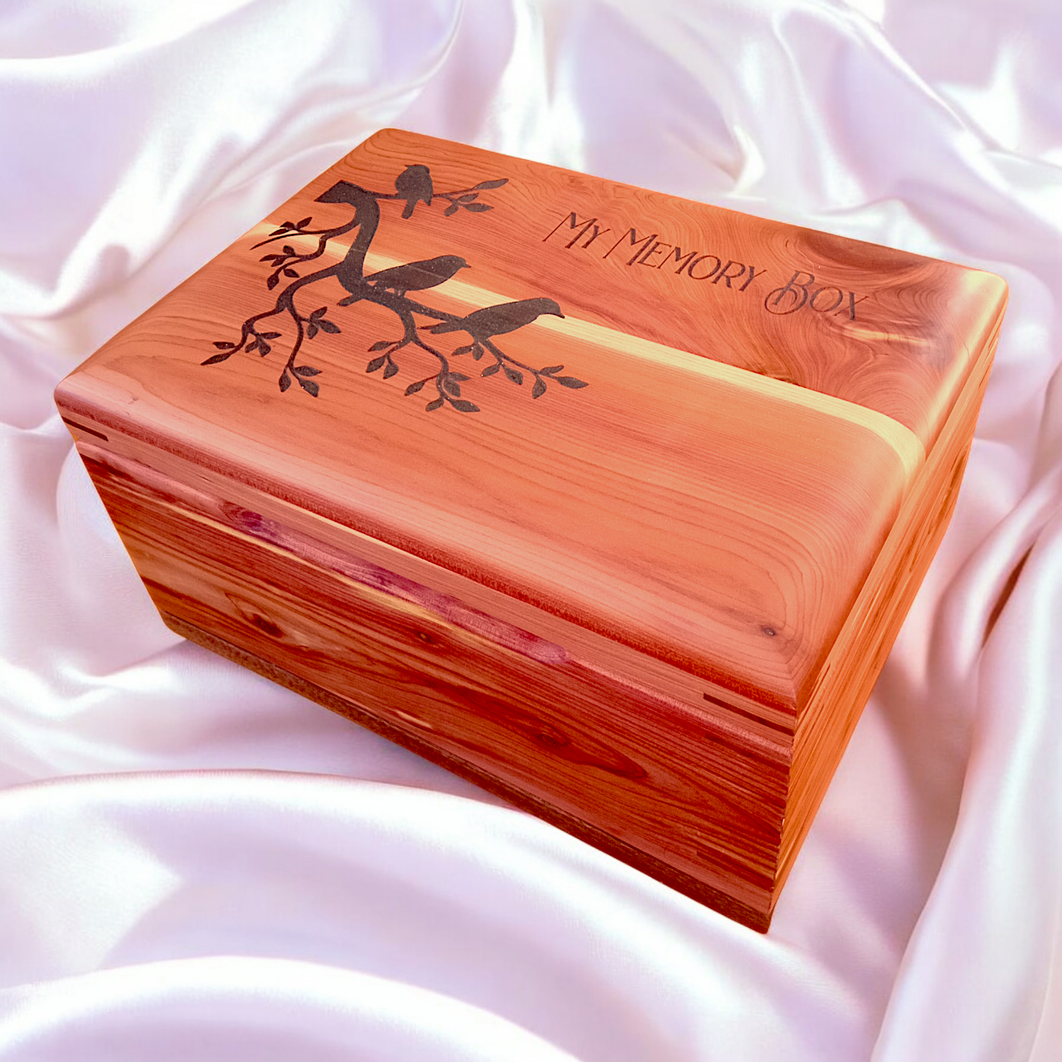 Handcrafted hardwood memory keepsake box with felt lining and brass hinges for storing treasured mementos