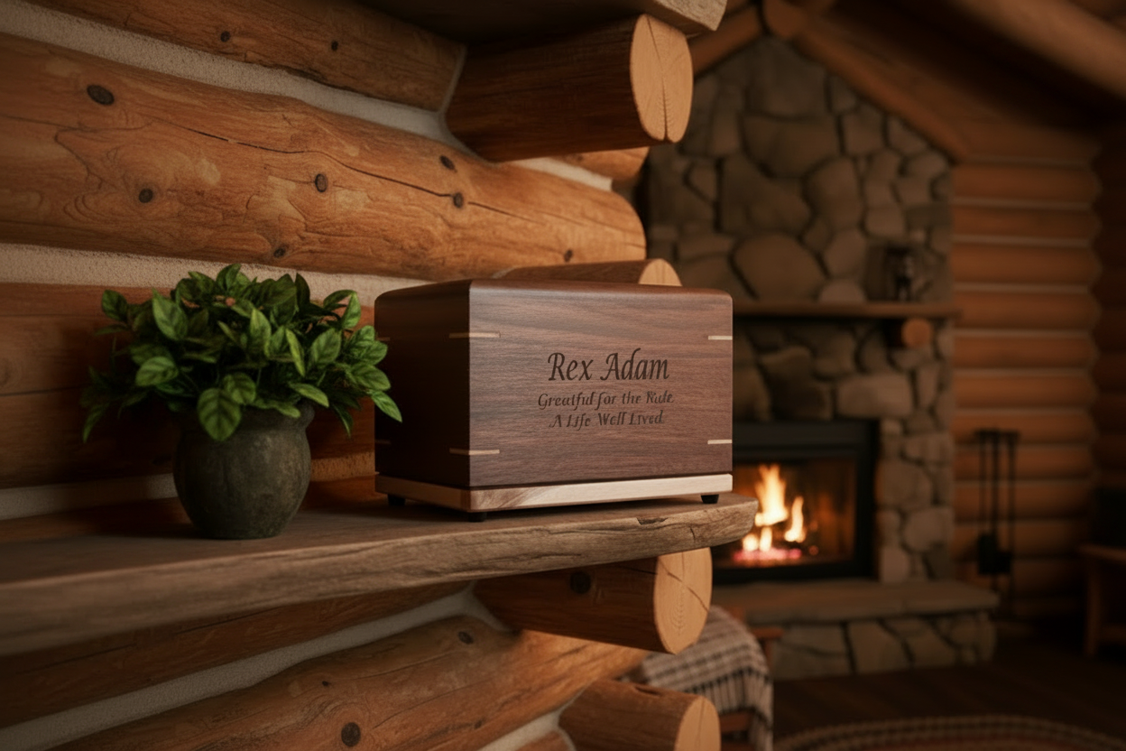 A dark brown wooden Urn engraved with 'Rex Adam' and 'Grateful for the ride,  A Life Well lived' resting on a rustic log fireplace shelf, with a stone fireplace and fire burning in the background.