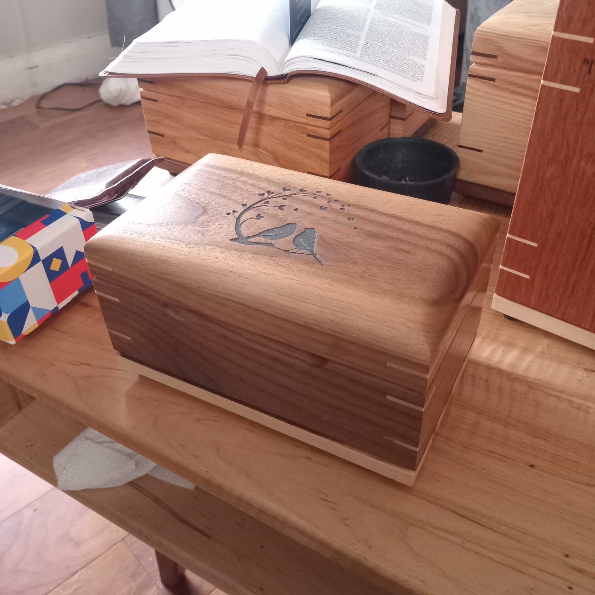 Elegant hardwood memory keepsake box with felt lining and brass hinges for preserving treasured mementos