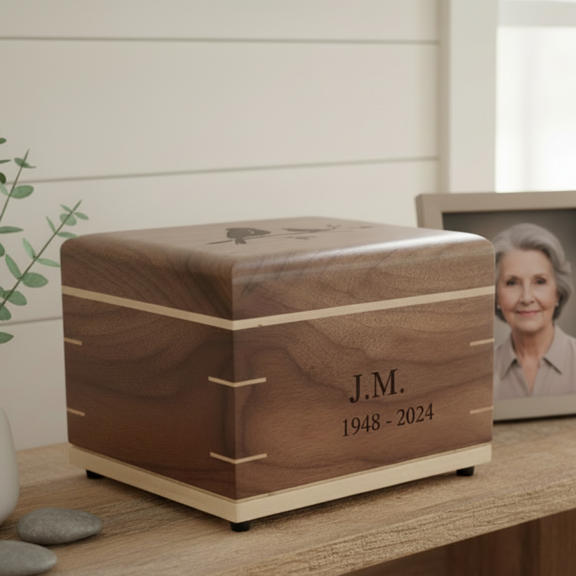 Handcrafted hardwood urn made in Canada with clean, timeless design and secure closure