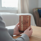 Personalized hardwood pet urn with engraved pawprint and name, tall rectangular design