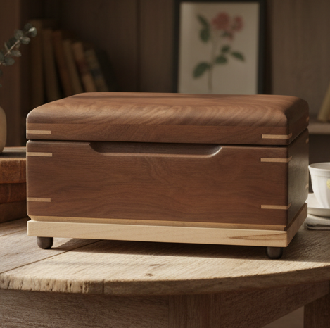 Handcrafted custom wooden urn shaped like a treasure chest, made in Canada for full ashes and keepsakes.