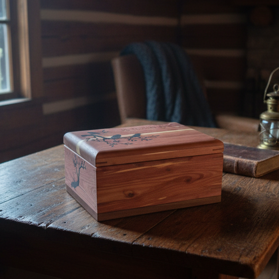 Elegant handcrafted hardwood memory keepsake box with brass hinges and felt lining for storing precious memories and treasures