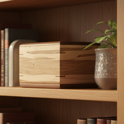Personalized custom hardwood Camelia urn handcrafted for ashes with elegant, timeless design and secure closure