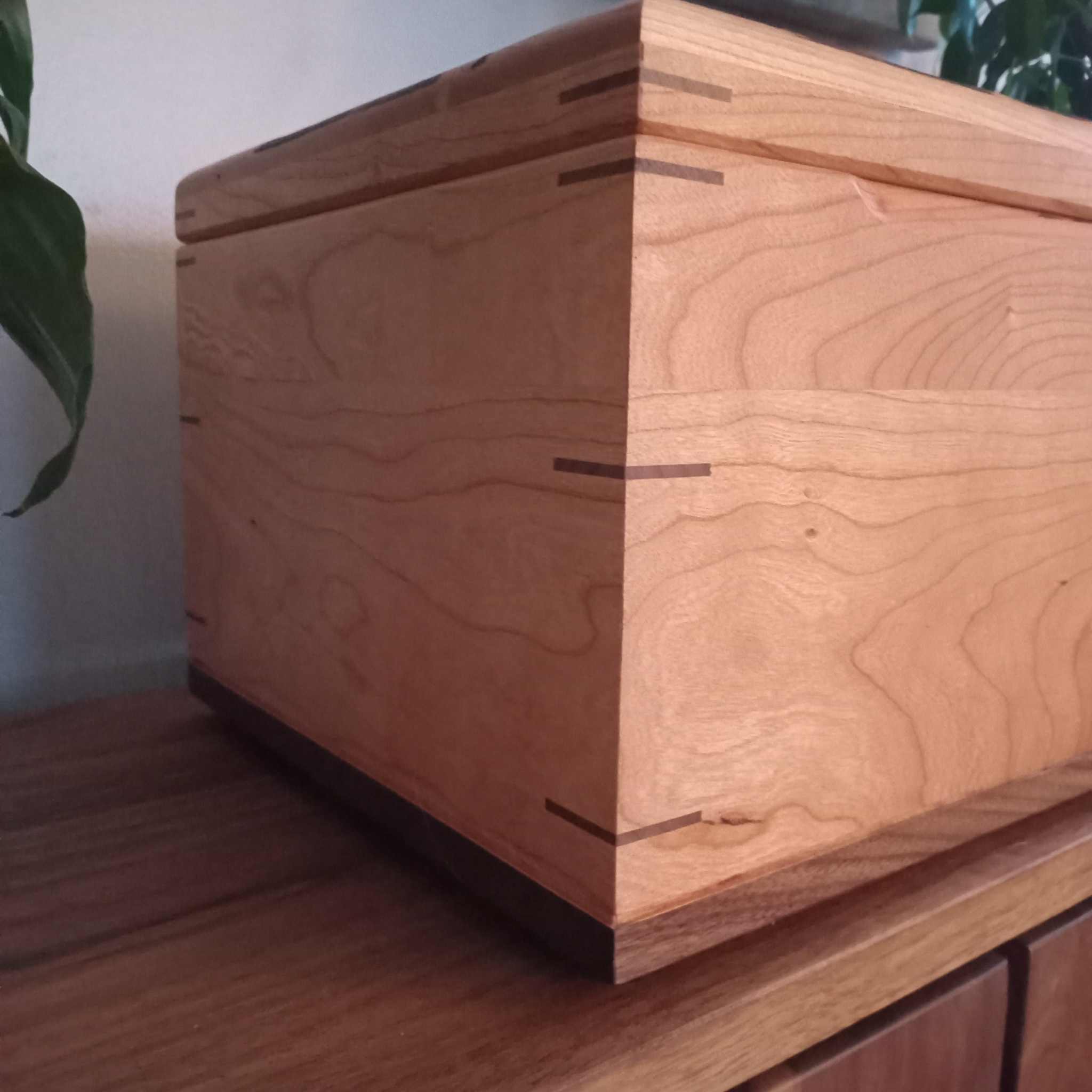 Elegant hardwood memory keepsake box with mitered corners and brass hinges for storing precious items and memories