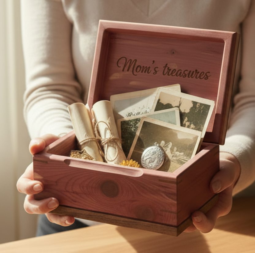Elegant hardwood memory keepsake box with brass hinges and felt lining for preserving treasured items
