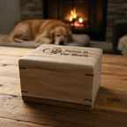 Handcrafted wooden urn for animal ashes with paw prints, made in Canada, customizable engraving