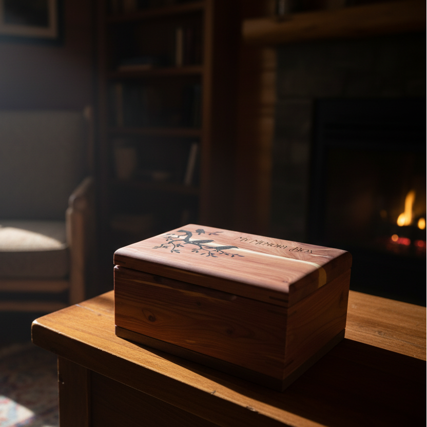 Elegant handcrafted hardwood memory keepsake box with brass hinges and felt lining for storing treasured mementos