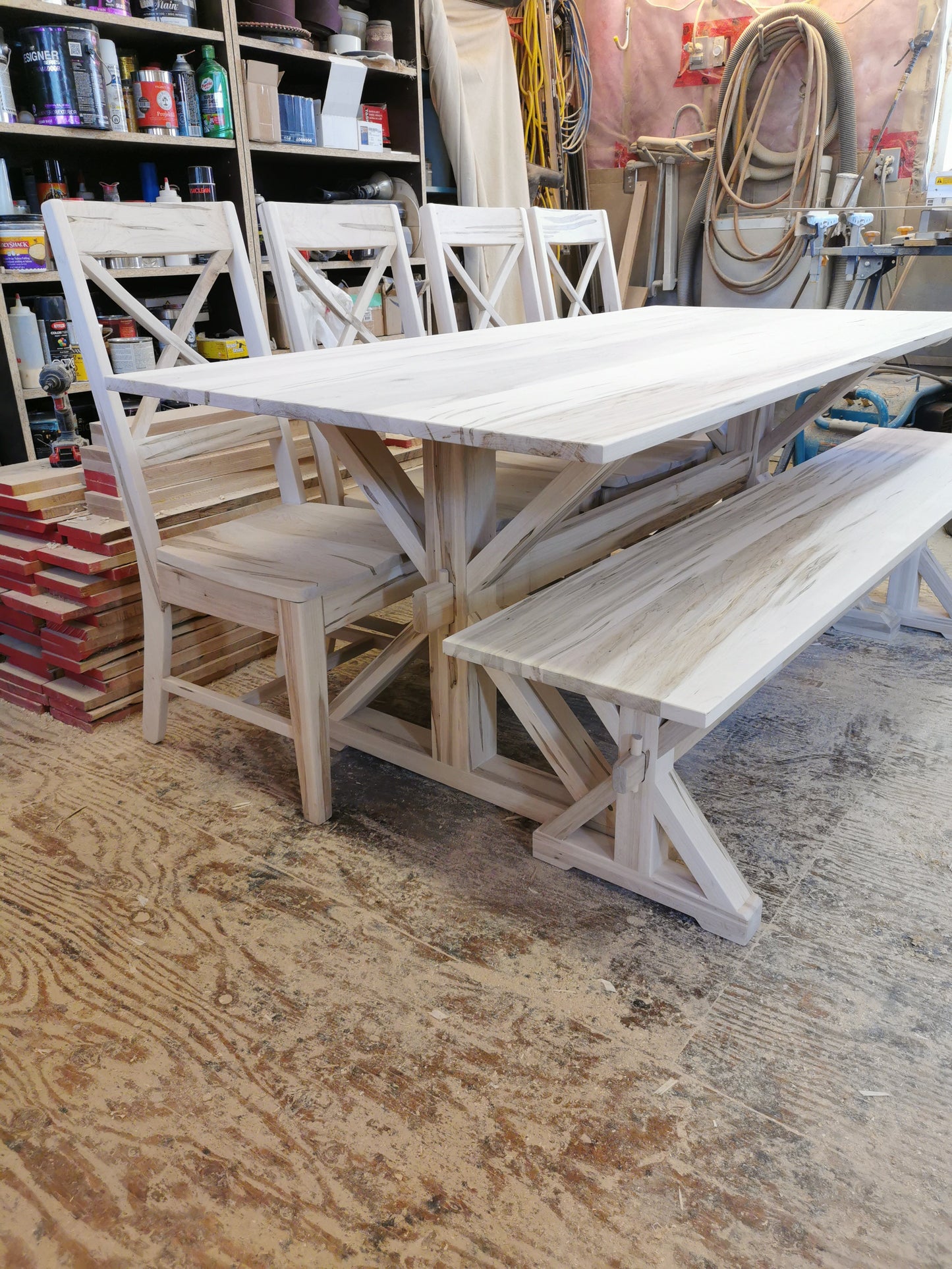 Farmhouse dining table, dining chairs.