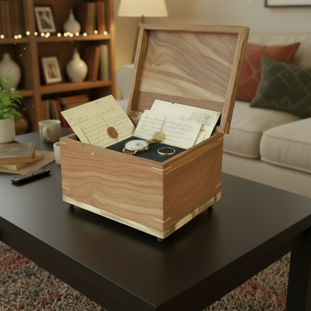 Custom wooden urn handcrafted in Canada shaped like a treasure chest with secure closure and personalized engraving options