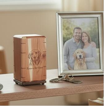 Personalized hardwood pet urn with engraved pawprints and modern design