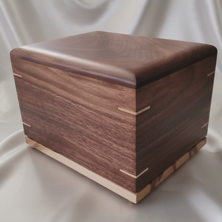 Personalized wooden urn handcrafted from solid hardwood with secure closure and natural home design