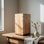 Handcrafted memorial urn made from solid hardwood with a smooth finish and secure lid