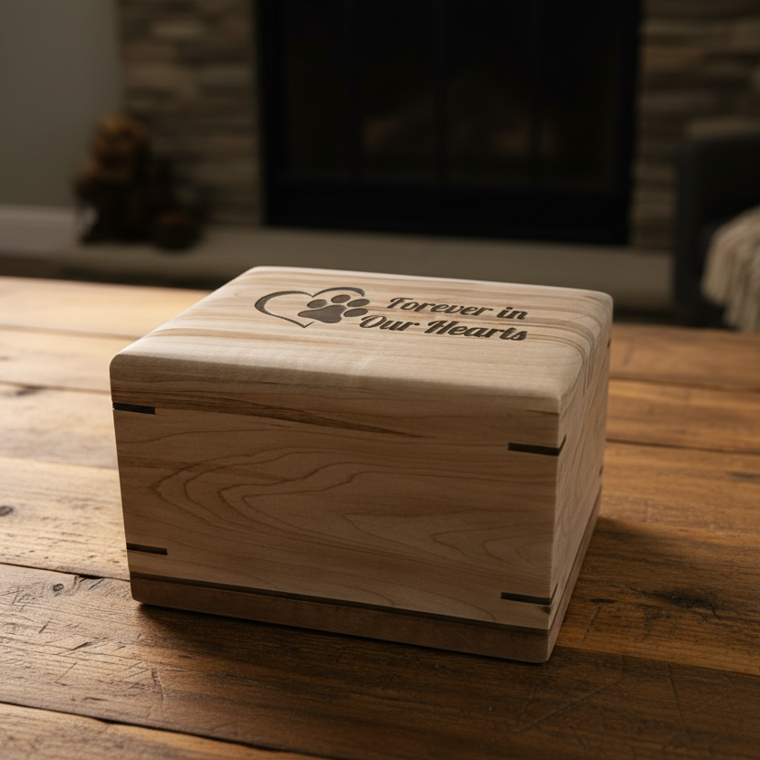 Handcrafted wooden urn for animal ashes with paw print design made in Canada