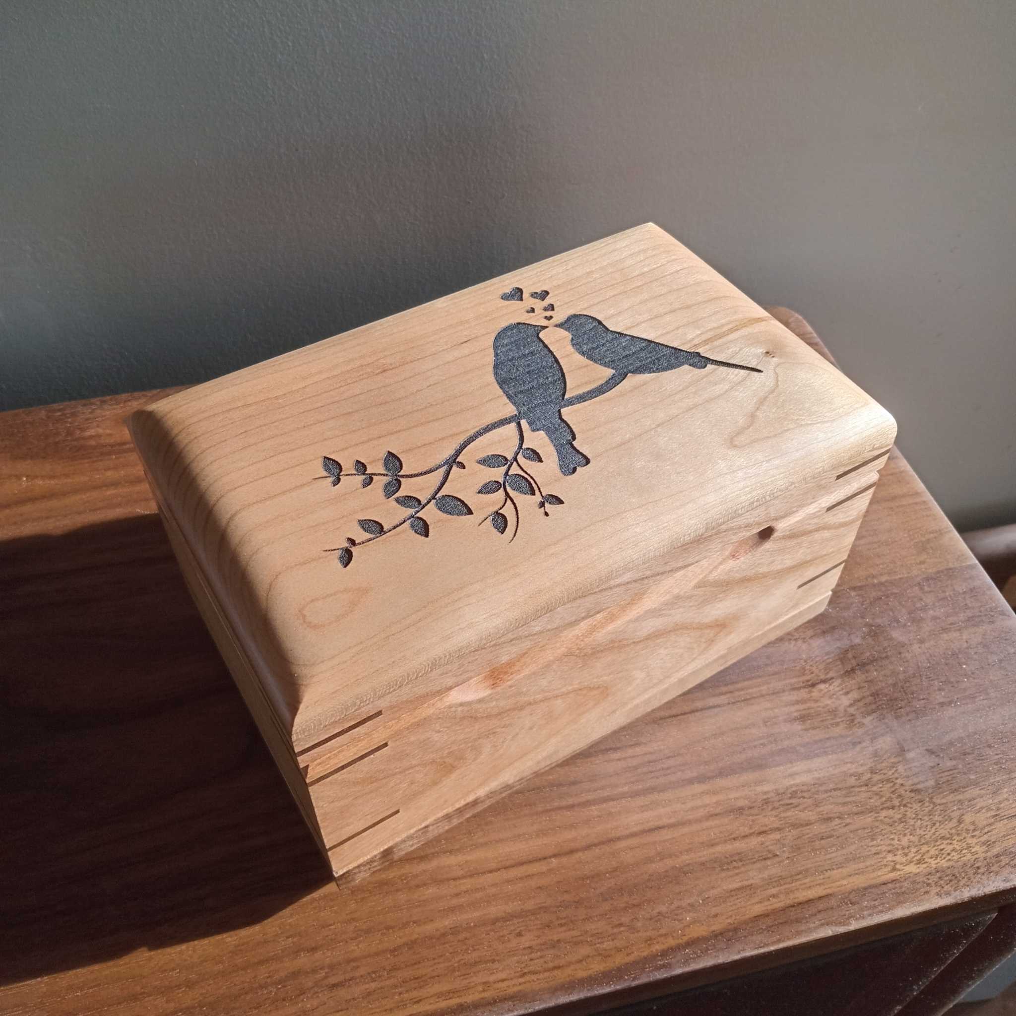 Handcrafted hardwood memory keepsake box with felt lining and brass hinges for storing cherished mementos