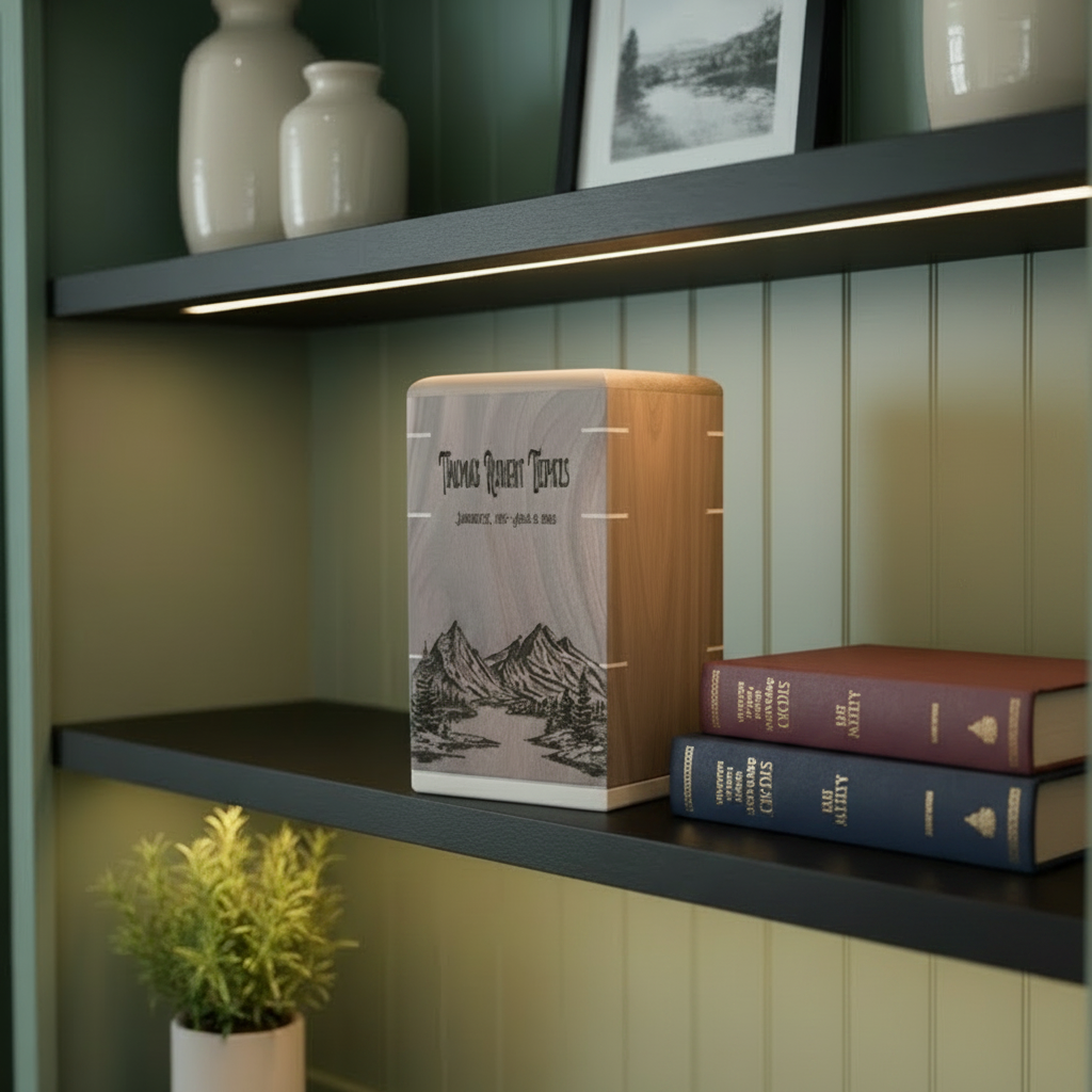 Custom wooden urn with mountain screen engraving, placed on a  green hutch and black shelf with books and plant