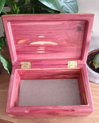 Handcrafted hardwood memory keepsake box with felt lining and brass hinges for storing precious memories
