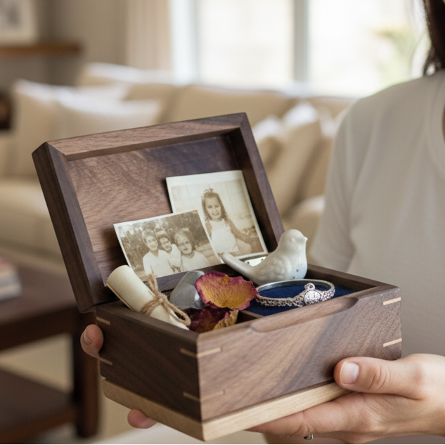 Elegant handcrafted hardwood memory keepsake box with felt lining and brass hinges for preserving treasured moments