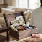 Elegant handcrafted hardwood memory keepsake box with felt lining and brass hinges for preserving treasured moments