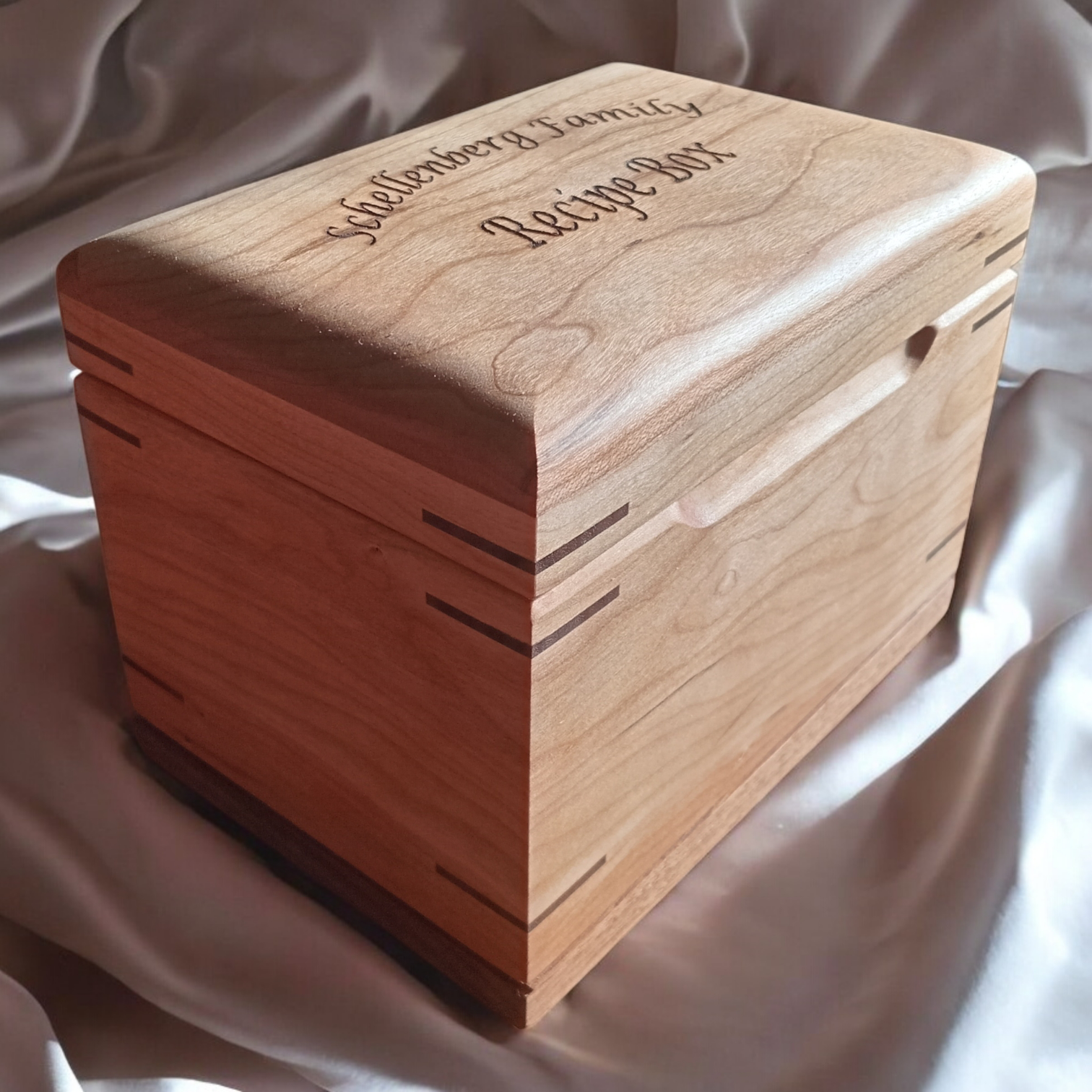Handcrafted wooden recipe box personalized for family recipe organization and heirloom keeping