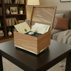 Custom wooden treasure chest urn handcrafted in Canada with secure closure and personalized engraving options