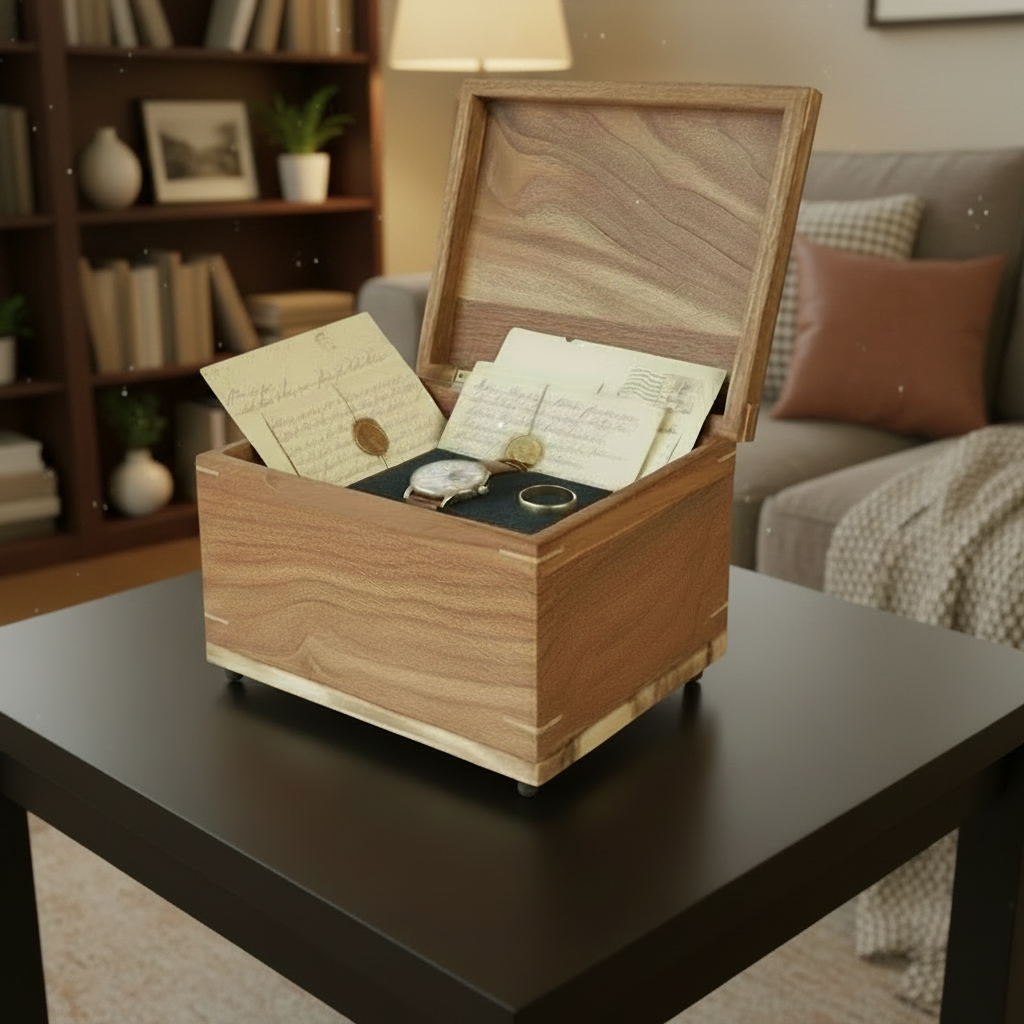 Custom wooden treasure chest urn handcrafted in Canada with secure closure and personalized engraving options