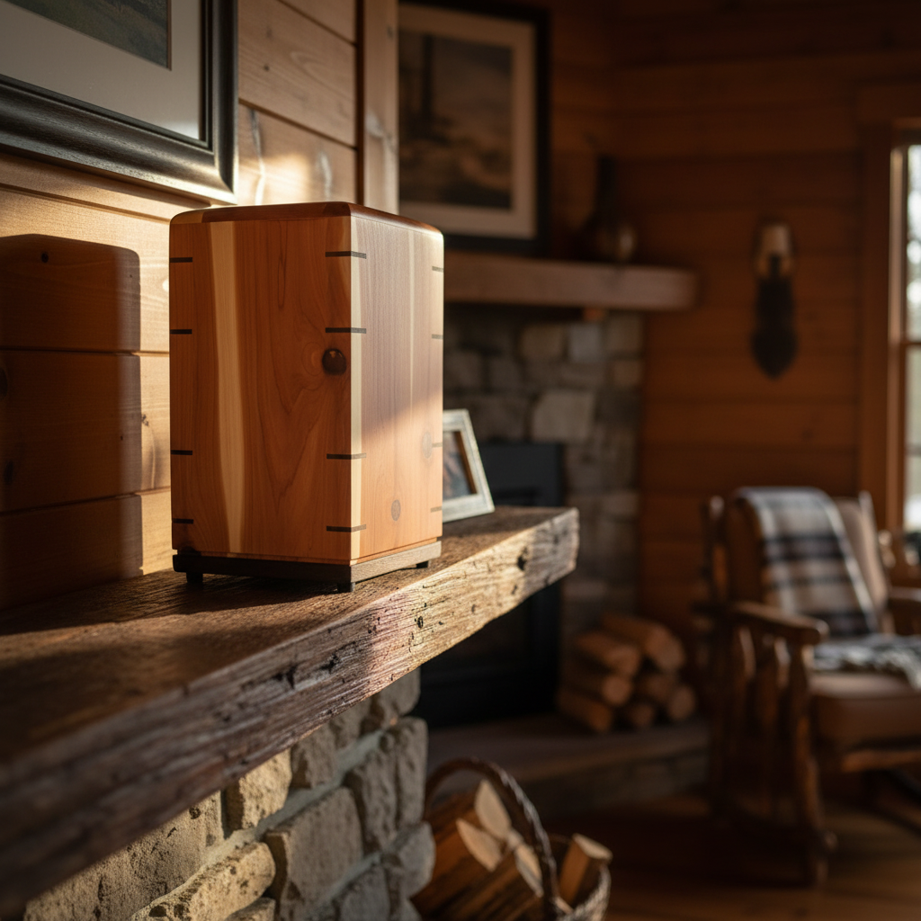 Handcrafted memorial urn made of solid hardwood with secure lid and natural finish