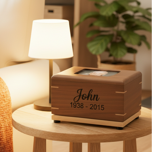 personalized wooden cremation urn on an end table with a lamp beside, blurred background