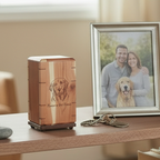 Personalized hardwood pet urn with pawprint engraving and modern design