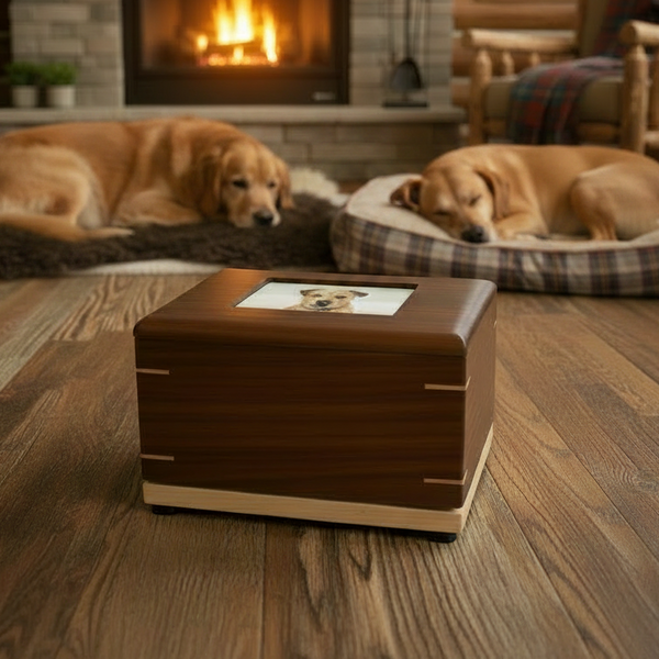 Custom Personalized Hardwood Pet Urn For Ashes - Paw Prints Photo