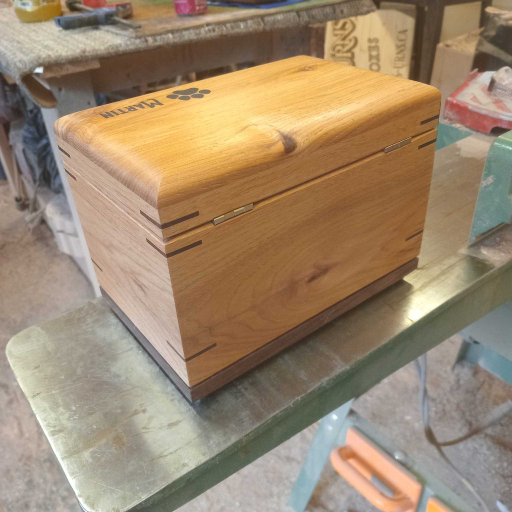 Handcrafted custom wood box urn for pet ashes with paw print design and engraving options