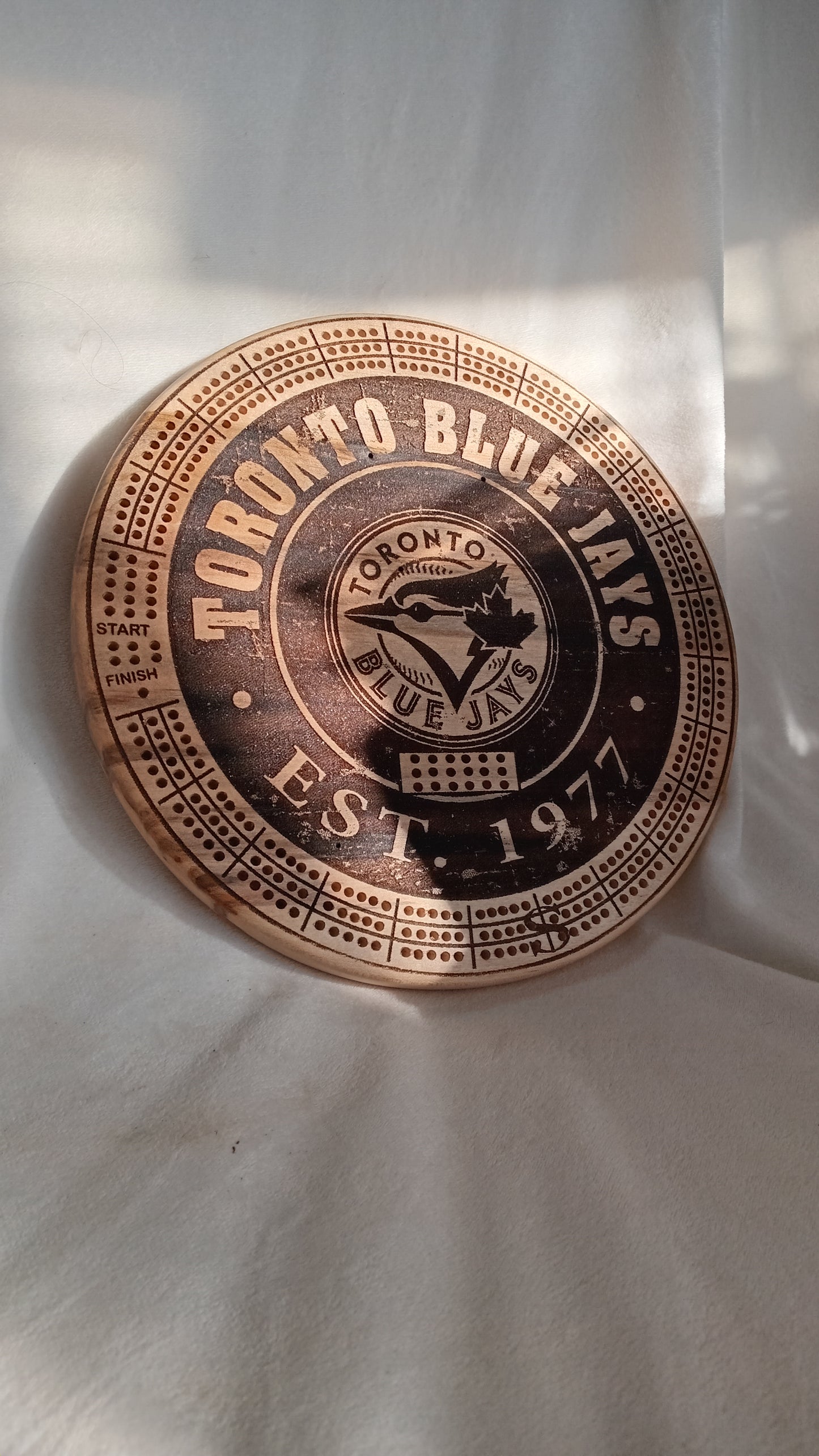 Sports Unique Round Hardwood Cribbage Boards with in board peg storage.