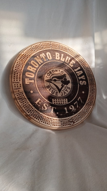 Sports Unique Round Hardwood Cribbage Boards with in board peg storage.