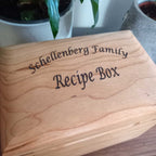 Handcrafted wooden recipe box personalized for family recipe storage with dividers, ideal for 4x6 cards