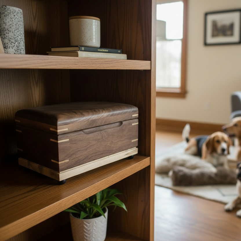 Handcrafted custom wood box urn with paw prints for pet ashes keepsake