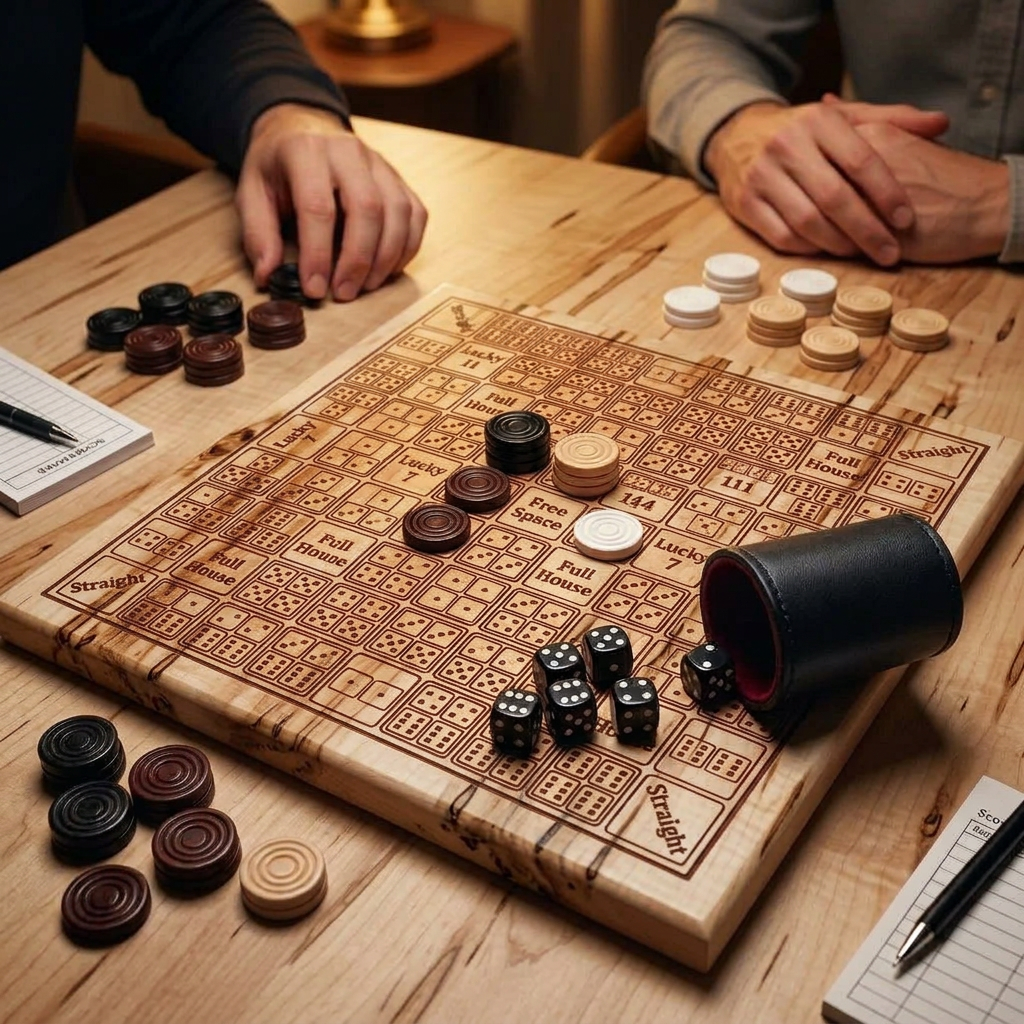 Solid Wood Dice Poker - With Checker Board