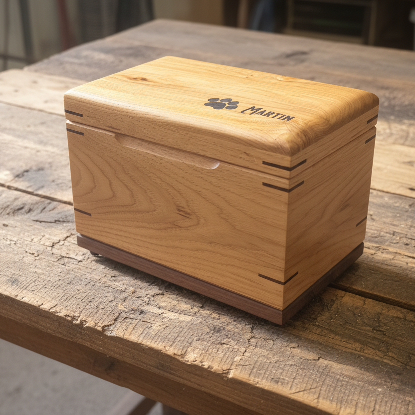 Custom wooden pet urn with paw print engraving and keepsake top