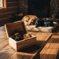 Handcrafted wooden cremation urn for pets with open paw design and custom engraving option