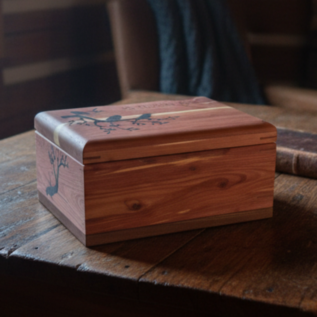 Elegant handcrafted hardwood memory keepsake box with brass hinges and felt lining for preserving treasured items