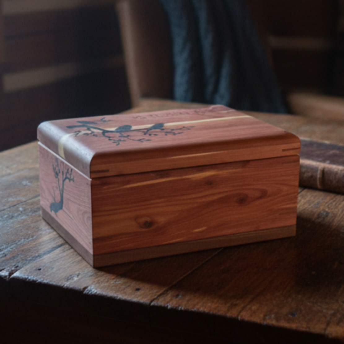 Elegant handcrafted hardwood memory keepsake box with brass hinges and felt lining for preserving treasured items