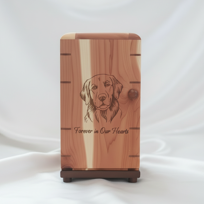 Personalized hardwood pet urn with pawprint engraving and modern design