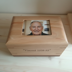 Custom personalized hardwood urn with  photo holder handcrafted in Canada