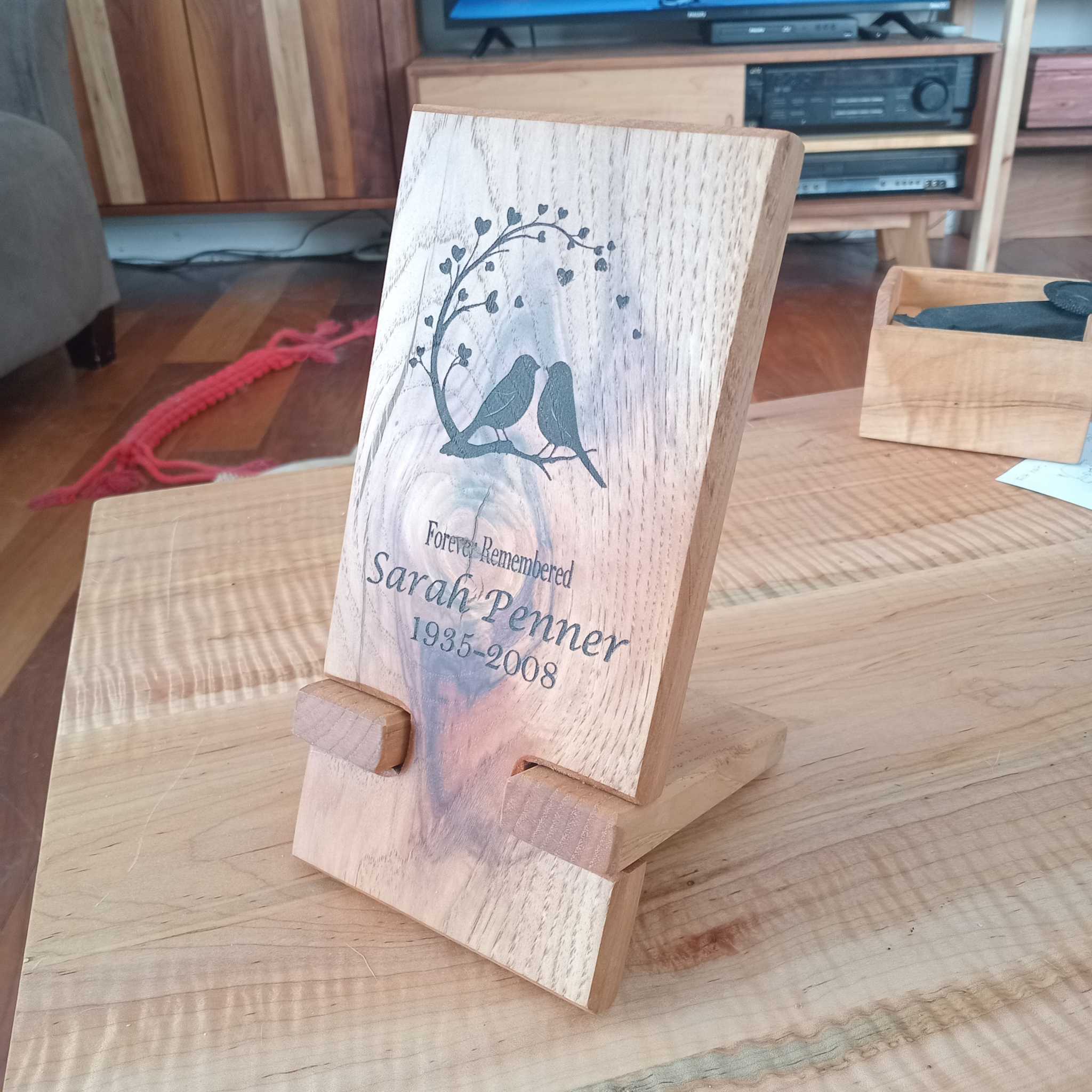 Personalized hardwood memorial plaque with custom engraving for home remembrance