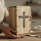 Handcrafted memorial urn made from solid hardwood with a natural, simple design for ashes storage
