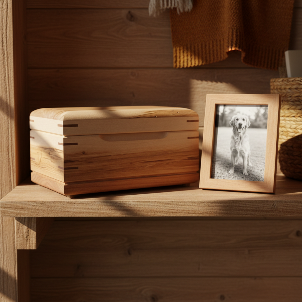 Handcrafted cremation urn for pets with open paw design made from solid hardwood